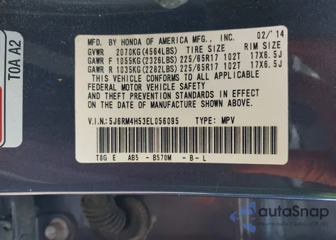 2014 Honda Cr-V Ex from USA, damaged, VIN 5J6RM4H53EL056095